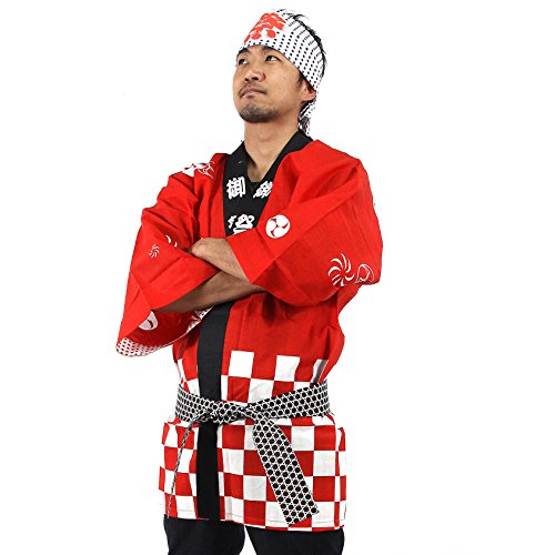 image for Edoten Festival Hanten Happi Coat (with an OBI Belt) SizeL,Red Festiva