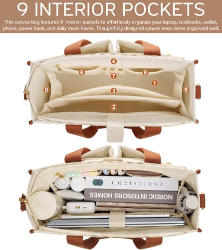 Canvas Tote Bag for Women, 15-Pocket Large Crossbody Handbag Bible Laptop Bag Zipper Bookbag for Teacher Work Travel College3