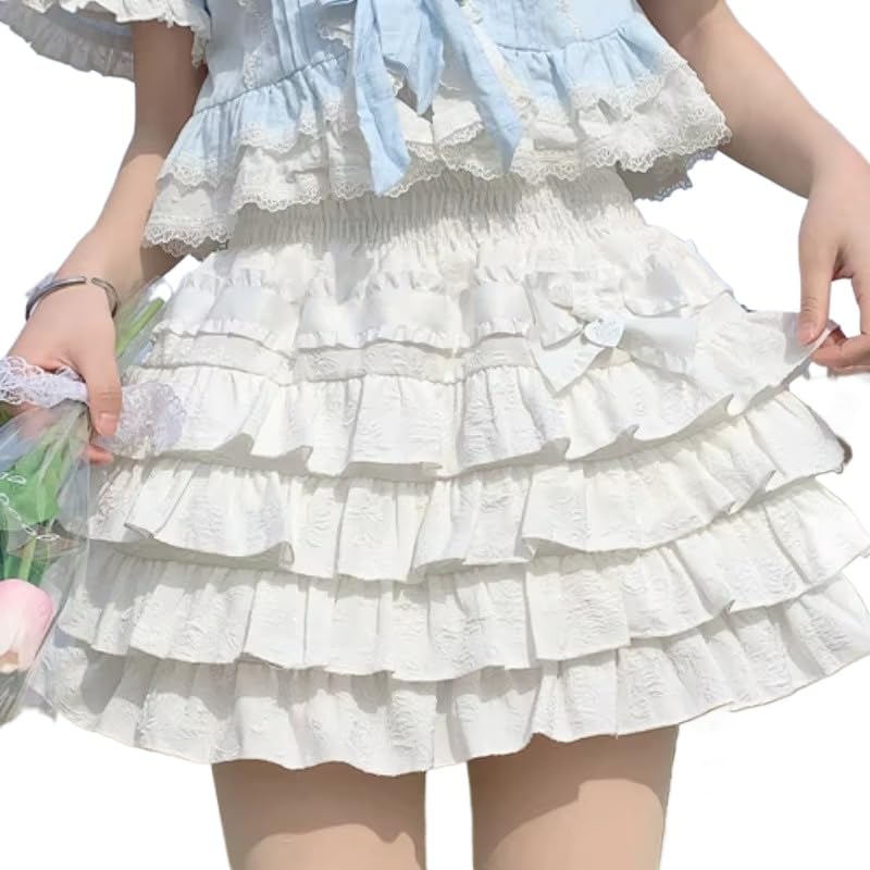 Women's Lolita Mini Skirts Cute High Waist Side Bow Layered Ruffle Hem A-Line Skirts Sweet Skirts