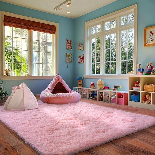Pink Rug for Living Room, 6x9 Area Rug for Cute Girls Room, Bedside Indoor Floor Fluffy Shag Carpet, Plush Soft Rug for Bedroom Nursery Dorm Home Decor