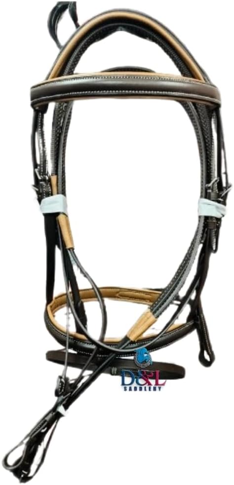 D&L SADDLERY Leather Bridle English Headstall Reins Cowhide Horse Crossover Crossunder Raised Fancy Stitched Laced All Purpose Jumping Dressage Rubber Crystal Padded Adjustable Browband Full-Cob,B045