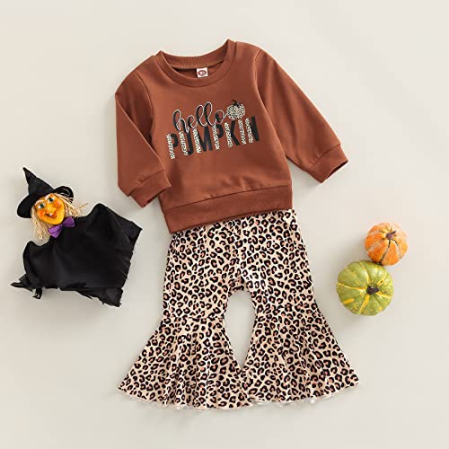 Madjtlqy Baby Girl Bell Bottoms Halloween Clothes Set Letters Pumpkin Printed Long Sleeve Sweashirt Tops + Flared Pants2