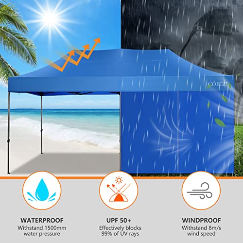 Image of COBIZI 10x20 Heavy Duty Pop Up Canopy Tent with 6 Sidewalls Thicken Frame, Commercial Easy Up Outdoor Wedding Party Tents, All Season Waterproof Windproof with Stakes Sandbags Ropes Roller Bag, Blue