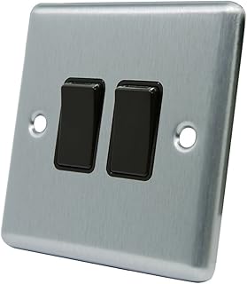AET CSC2GSWIBL Satin Chrome Classical Black Insert Plastic Rocker Switches-10 Amp Double 2 Gang 2 Way Light Switch, 240 V
