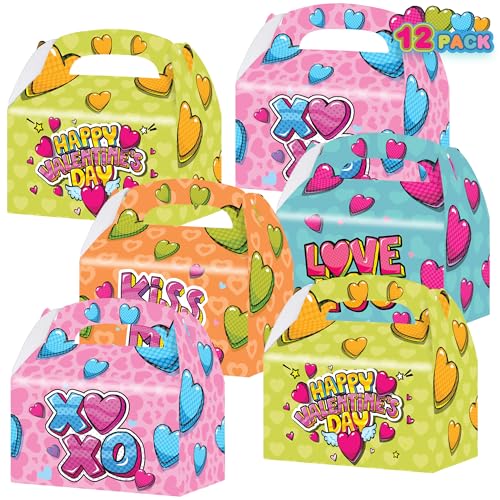 ArtCreativity Valentines Day Treat Boxes, Set of 12, Cardboard Paper Valentines Candy Boxes with Carry Handles, Valentines Boxes for Kids, Valentines Goodie Bags for Sweets, Toys, Gifts, Party Favor