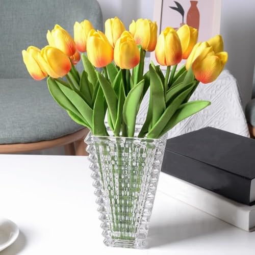 Image of Artificial Tulip Flower Stems (Pack of 5, Vase Not Included) - Realistic Faux Flowers for Home Decor, Living Room, Bedroom, Office, Wedding Decoration (Yellow Shade)