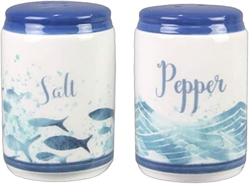 Beachy Blue Fish & Ocean Waves - Salero y pimentero de cerámica