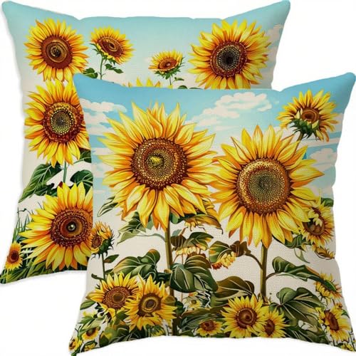Housse coussin 80x80cm vintage en lin jaune imperméable lot de 2