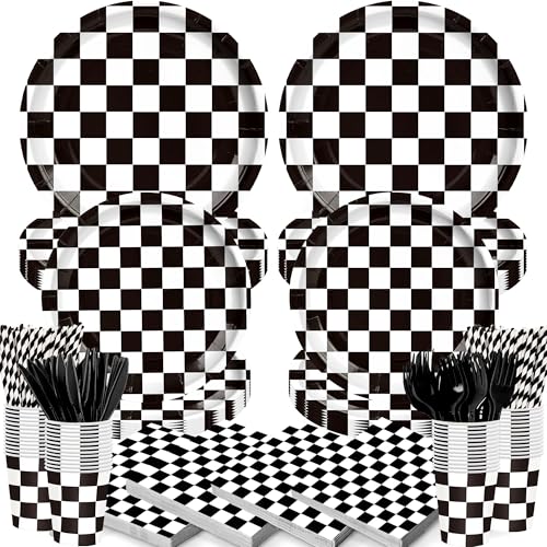 168PCS Race Car Birthday Party Decorations Race Car Themed Party Checkered Plates Tableware Set Plates Napkins Cups Tableware Cars Birthday Decorations Serves 24 Guests