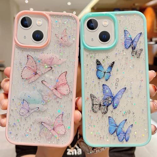 Image of VONZEE for iPhone 13 Clear Glitter Butterfly Case, Cute Bling Sparkle Shiny Soft TPU Bumper Shockproof Women Girls Slim Protective Phone Cover for iPhone 13 6.1 inch,Mint Green