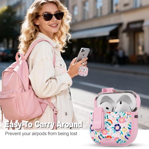 Image of for AirPods 4 Case with Safty Lock & Phone Stand,Cute Floral Pattern Style | PC & TPU Dual Layer Protective Cover with Keychain & Cleaner Pen for Apple AirPod 4th Generation 2024 Women (Calliopsis)