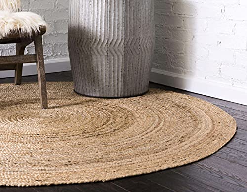 Image of Jute Braided Natural Hand Woven & Reversible Rug for Living Room Kitchen Entryway, Farmhouse Rustic Burlap Carpet Floor Mat (Jute, 150cm)