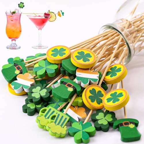 WorldBazaar St. Patrick's Day Shamrock Cocktail Picks 120 PCS Shamrock Clover Toothpicks Skewers for Appetizers Irish Green Cupcake Toppers St Patrick's Day Party Decoration