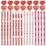 TEHAUX Juego de Papelería San Valentín 60 Piezas, Lápices de Madera Hb Diseño de Corazón, Borradores de Corazón y Sacapuntas, Kit Escolar Material de Oficina, Adecuado para Obsequio y