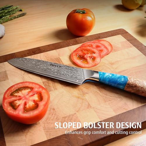 hecef Japanese Santoku Knife 7 Inch – Damascus Steel Blade with ABS Sheath, Blue Resin Handle– Ultra Sharp Chef Knife for Effortless Slicing, Cutting & Dicing, Gift for Home Cooks & Pros - Image 2