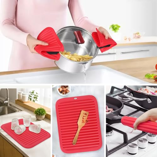 Image of 2 Pack Silicone Trivets - Heat Resistant Non-Slip Flexible Pot Holders for Hot Dishes & Pans - Red Silicone Trivet Mat Dish Drying Mat Spoon Rest, 9x12 in