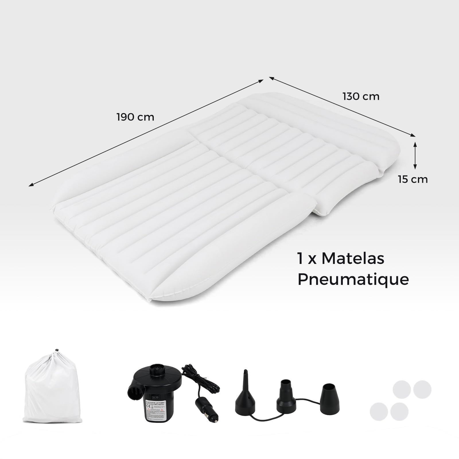GOPLUS Matelas Voiture, Matelas Gonflable Voiture pour SUV Floconné avec Pompe, 3 Buses et Sac de Transport, Lit Gonflable Portable pour Voyage, Camping, Pêche, 130x190x15 CM (Blanc)