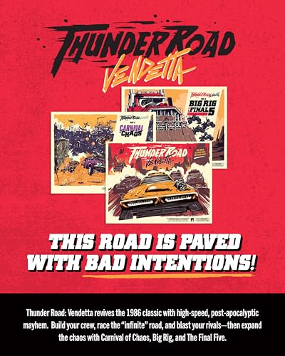 Image of Restoration Games Thunder Road Vendetta - Racing and Strategy Board Game for Adults - Post-Apocalyptic Demolition Derby Racing Game - 2-4 Players - 30-75 Min Playtime - Ages 10+ | 10 Plus, 30-75 Minute, Includes 5 Road Boards, 12 Car Minis, Dice and Tokens