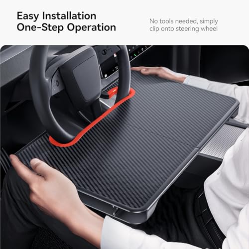 Image of YONZEE 2-in-1 Car Steering Wheel Desk Tray & Car Seat Gap Filler Organizer - Foldable Carbon Fiber Look Table for Laptop, Eating, Writing - for Standard Round Steering Wheels