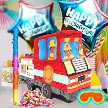 مجموعة كاملة من حزمة Pinatas لشاحنة الإطفاء مع عصابة العينين والخفاش والكونفيتي وبالونين، مثالية لزينة حفلة عيد ميلاد الصبي وميزات الحفلة تحت عنوان رجال الإطفاء، Pinatas لمحرك الإطفاء