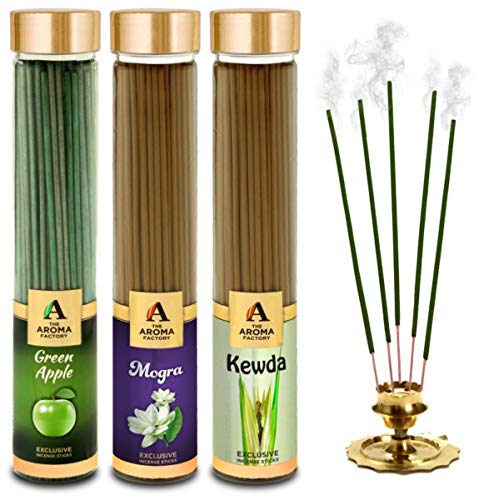 Image of The Aroma Factory Green Apple,Mogra & Kewda Agarbatti for Pooja,Luxury Incense Sticks,100% Herbal Fragrance Agarbathi, 0% Surphates (Bottle Pack of 3x100g)