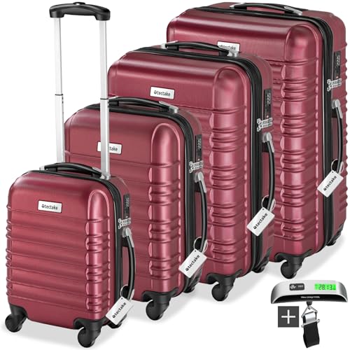 tectake® Hard Shell Suitcase Set, Lightweight Suitcases with TSA Lock, Including Extra Large Suitcase, Large, Medium and Small, 360 Degree Wheels, Telescopic Handle and Luggage Scale - Wine red
