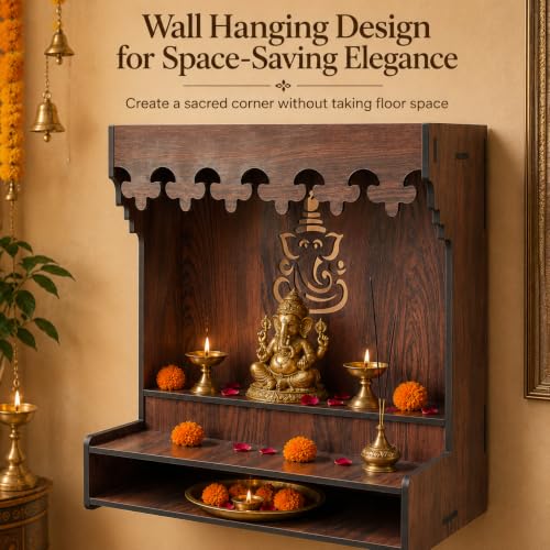 Image of The Castle Decor Wooden Mandir for Home, Wall Hanging & Tabletop Pooja Temple with Ganesha Cutwork, 2-Tier Storage Shelf, MDF Mandir for Pooja Room, Office, Hostel & Apartment, 13 x 15 x 8 Inch