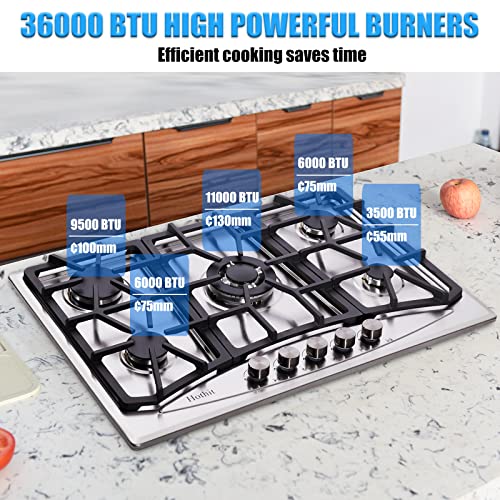 Hothit Propane Gas Cooktop 30" Inch, 5 Burner Built-in Stainless Steel Gas Stove Top, LPG/NG Dual Fuel, Include Gas Pressure Regulator Gas Range(L30"×W20")