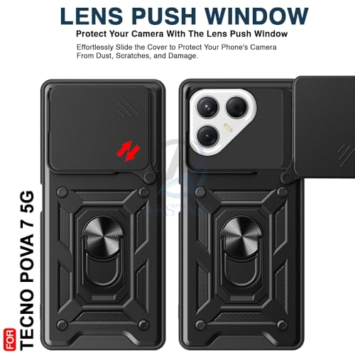 Image of AESTMO Tough Armor Tecno Pova 7 5G Bumper Back Case Cover | Ring Holder & Sliding Camera Shield Cover | 360 Degree Protection Back Case Cover for Tecno Pova 7 5G (Black)