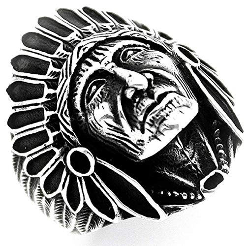 Indian Chief Ring for Men, Native American Indian Head Rings, Spirit Of The Warrior Ring, Indian Headdress Ring, Tribal Amulet Ring, Punk Style Indian Skull Jewelry Gift for Men Boys (9)