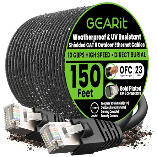 GEARit Cat6 Outdoor Ethernet Cable (150ft) 23AWG Pure Copper, FTP, LLDPE, Waterproof, Direct Burial,...