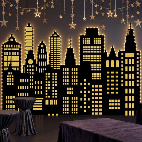 Tingjoo Large Hero City Skyline Backdrop with String Lights New York City Skyline Skyscraper Party Decor 6.6 x 4.9 ft Background Cutouts for Hero Theme Birthday Party Supplies Photo Prop