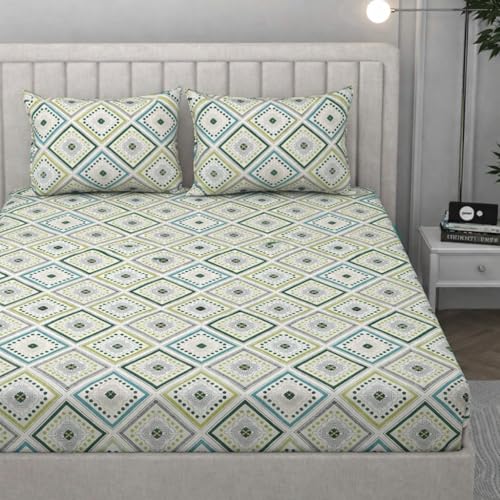Image of Cotton Feel King Size Flat Bedsheet for Double Bed (90 x 100 Inches | 230 x 250 cm) with 2 Pillow Covers | Soft & Smooth Printed Bedsheet for Daily Use (Emerald, King Bed-90x100)