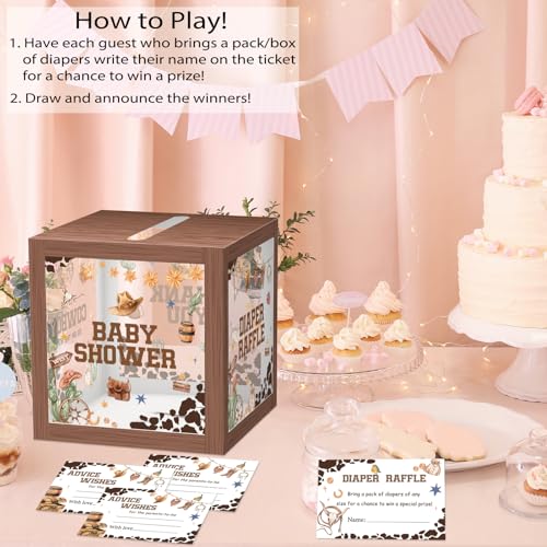 Image of 51Pcs Cowboy Baby Shower Diaper Raffle Box with 50 Tickets, A Little Cowboy Is On The Way Diaper Raffle Game Box for Gender Reveal Party Decoration