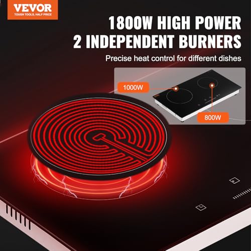 Image of VEVOR Electric Cooktop, 24 inch 2 Burners Built-in Electric Stove Top, 1800W Ceramic Top Radiant Cooktop with 9 Heat Level, Glass Panel, Touch Control, Timer, Child Lock, Residual Heat Indicator, 120V