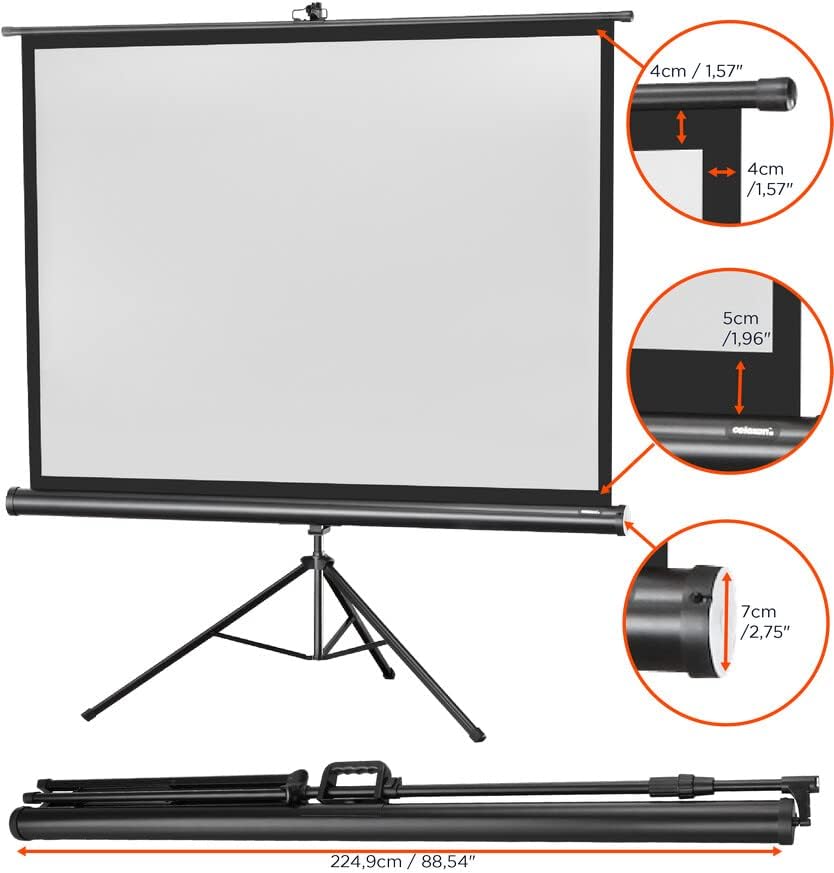 Detailed dimensions of the projector screen and tripod when collapsed and assembled. Shows a collapsed length of 224.9cm / 88.54 inches, and various component measurements like 4cm / 1.57 inches for borders and 7cm / 2.75 inches for the housing diameter.