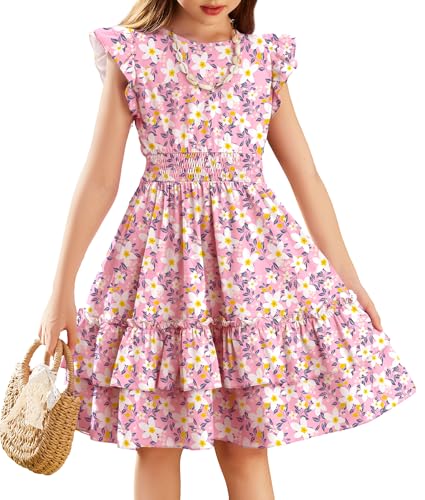 Arshiner Girls Dresses Flutter Sleeve Kids Summer Cotton Casual A-Line Dress Girdle Tiered Swing Festive Dress for Girls 12-13 Years Pink Flower