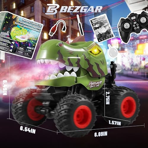 Image of BEZGAR Monster Truck Toys - Remote Control Monster Truck with Spray, Light, Music, Dinosaur Toys for Kids, 1:20 Scale RC Truck with 360 Spins and Drifting, Remote Control Car for Boys 4-7 Camo Green