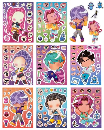 GRBeid for Demon Hunters Stickers K pop Toys DIY Make a Face Demon Movie Hunter Stickers for Teens, Make Your Own Mixed &Matched with 8 Designed Characters Sticker for Birthday Party Supplies Favors