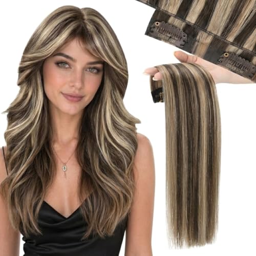 Moresoo Seamless Clip in Hair Extensions Real Human Hair Highlights