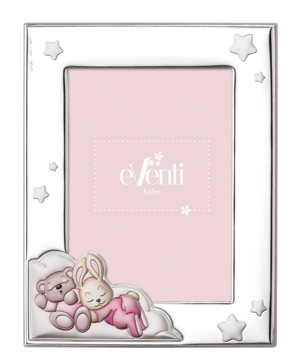 Generico Evententi Baby - Marco de fotos de plata con osito y conejito, estrellas decorativas, 13 x 18 cm, rosa