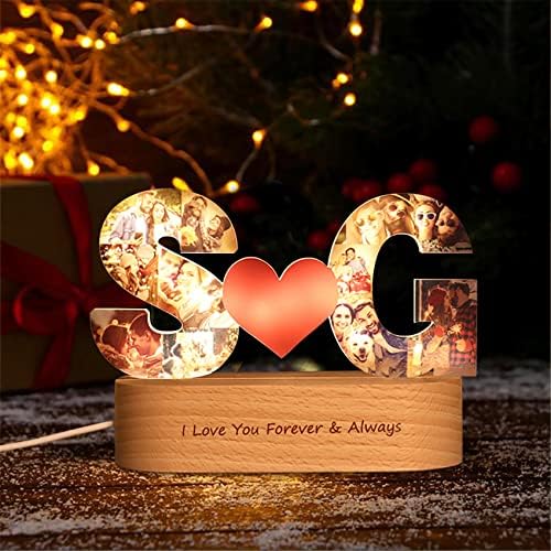 Personalized Letter Collage Heart Night Lamp Custom Alphabet Heart Photo Lights Bedside Table Lamp Photo Frame Collage for Family Pictures Gift for Mom Father Wife(Wooden Base Picture Collage Light)