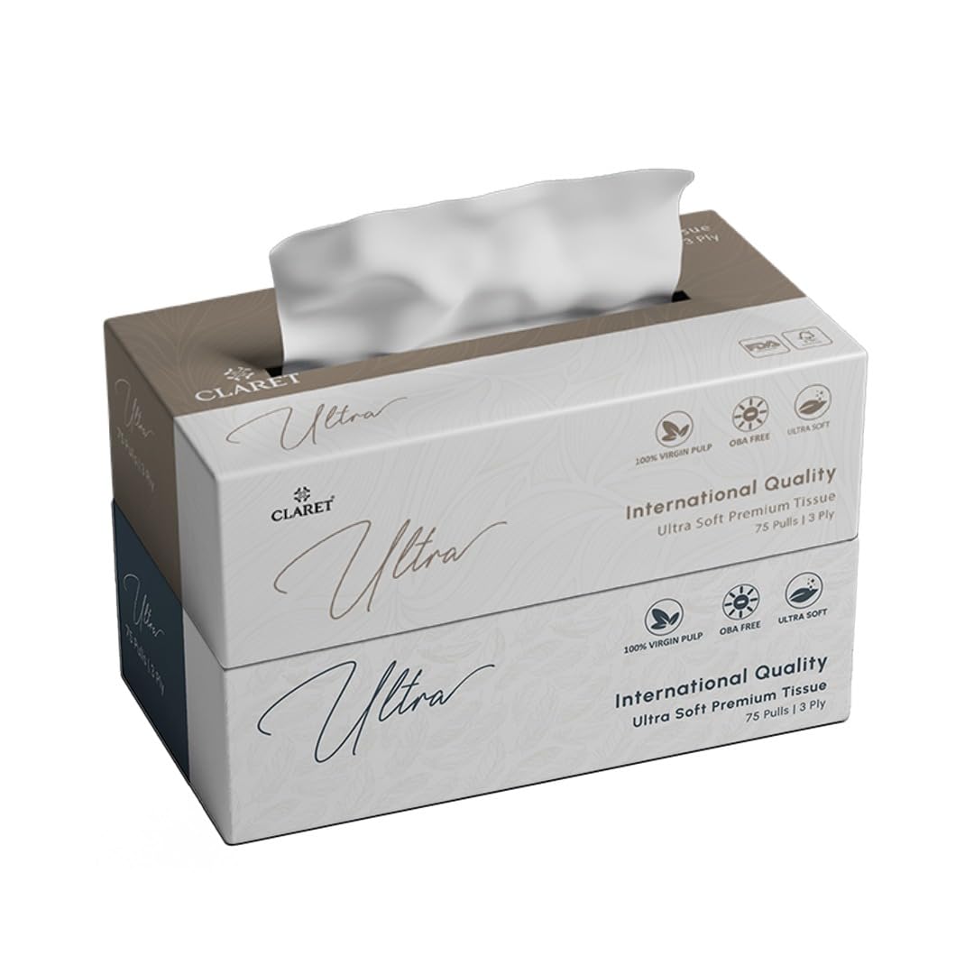 Claret Ultra Soft 3-Ply (18 x 20 cm) Facial Tissue | 75 Pulls | 100% Virgin Pulp | OBA Free (Pack Of 2)-image-30