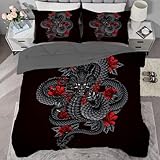 buyluhn Bettdecke 160x200 Ohne Bezug Nutzbar，4 Jahreszeiten Bettdecken Schwarz Drache Waschbar Steppdecke Blumen Ganzjahresdecke，Bettzeug mit 1 Kissenbezug für Sommer Winter