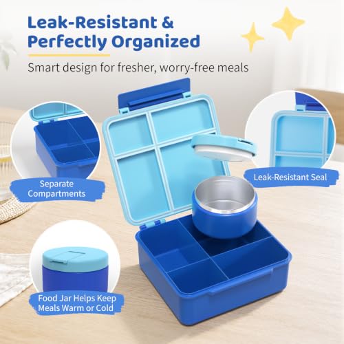Image of Pawtong Bento Lunch Box with 8oz Soup Thermo, Kids Leakproof Lunch Food Containers with 4 Compartment, Kids Thermo Insulated Hot Food Jar for School, Trvael(Blue