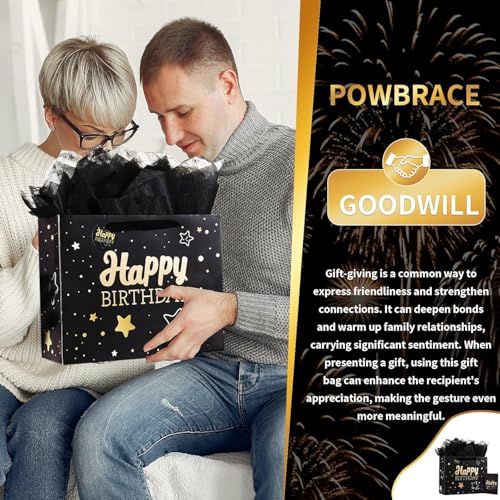 Image of 16 inch Black Happy Birthday Gift Bag with Tissue Paper and Greeting Card for Party,Happy Birthday Gift Bag for Men Women,Gift Bags Extra Large(1 PCS Black Hot Stamping)