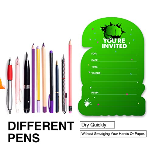 20 Super Hero 6Th Birthday Party Invitations With Envelopes Double Sided Green Superhero Shaped Fill-In Invitations Invites For 6 Year Old #TOP3