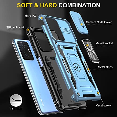 Image of Polycarbonate Slide Camera Cover with Ring Holder Mobile Phone Back Cover for Xiaomi 11T /Xiaomi 11T Pro (Blue)