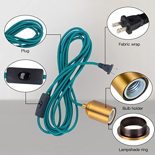 Pendant Light With Plug In Cord Rope Hanging Lamp Bulb Socket Teal Fabric Cloth Covered With Switch Fixture Braided Lighting Cords Industrial Porcelain Gold Holder Diy Retro Swag Lights Shade 15Ft #TOP2