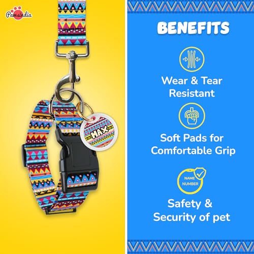 Image of Pawsindia Nylon Leash and Collar with Name Tag for Dogs, Ethnic Print with 1.5 Inches Width Adjustable Collar and 4 Feet Heavy Duty Leash with Customize Nametag